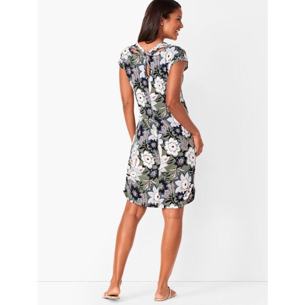 T BY Talbots Dress Size Medium Tropical Floral Open Cutout Back Stretch Ruched - Picture 2 of 16